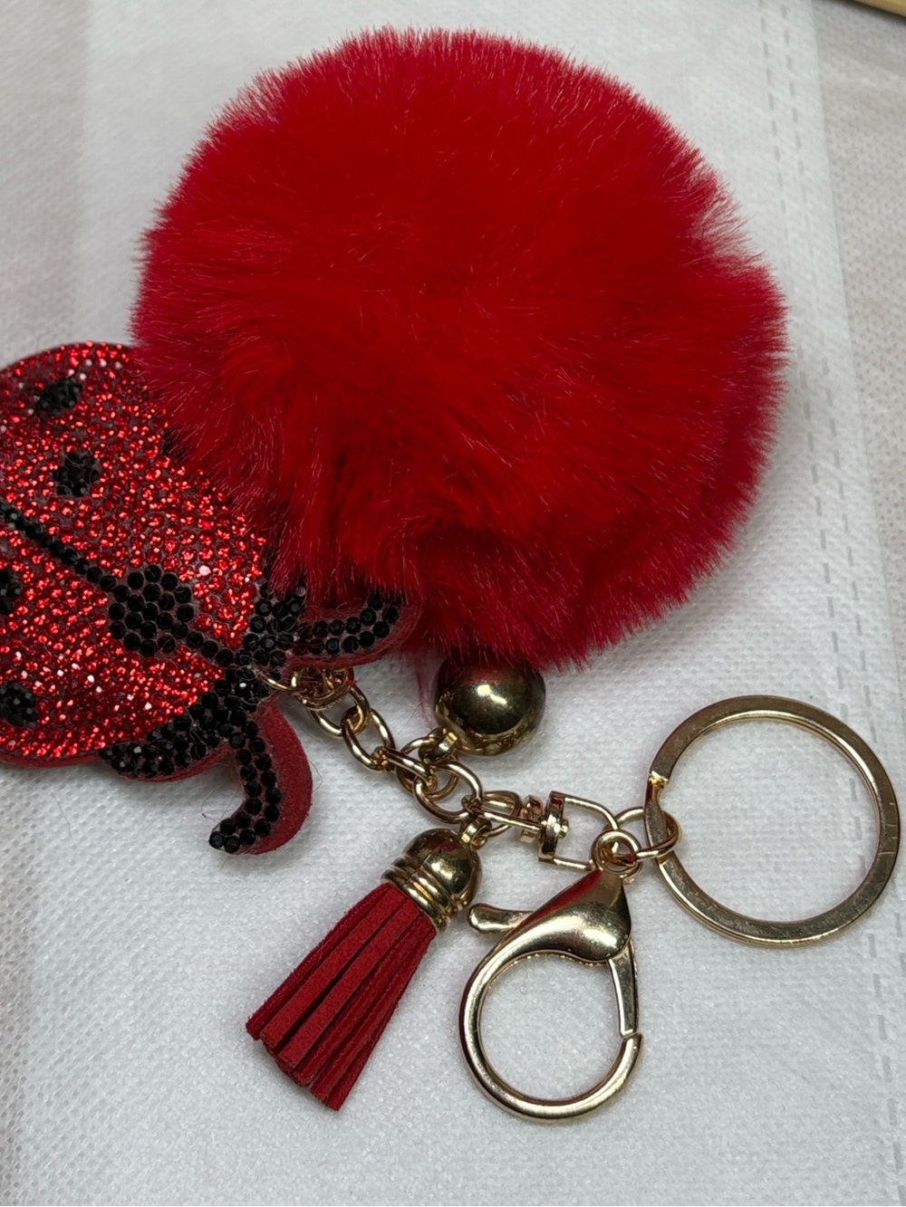 Red Pom Pom Ladybug Keychain with Tassel and Gold Lobster Clasp Hardware